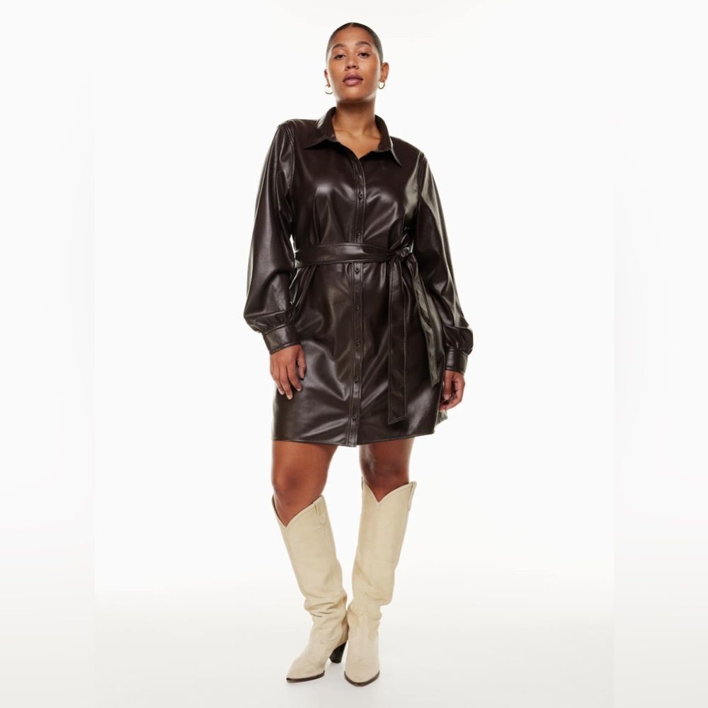 Aritzia Wilfred Caroline Belted Vegan Leather Brown Shirt Dress Sz XL
